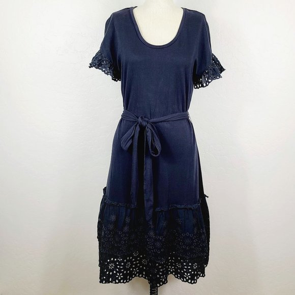 Rachel Parcell Dress S Black Knit Eyelet Tiered Belted Ruffle-Sleeve Midi - Picture 1 of 9